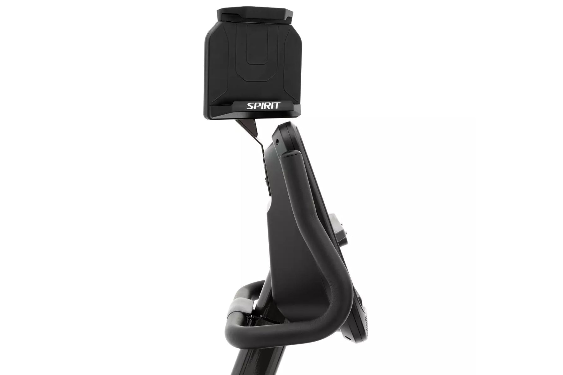 Spirit XBR55 recumbent exercise bike with black frame, padded seat, and digital console on white background