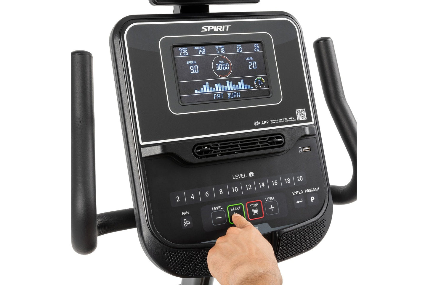 Spirit XBR55 recumbent exercise bike with digital display showing workout metrics, black frame with padded handles, hand pres