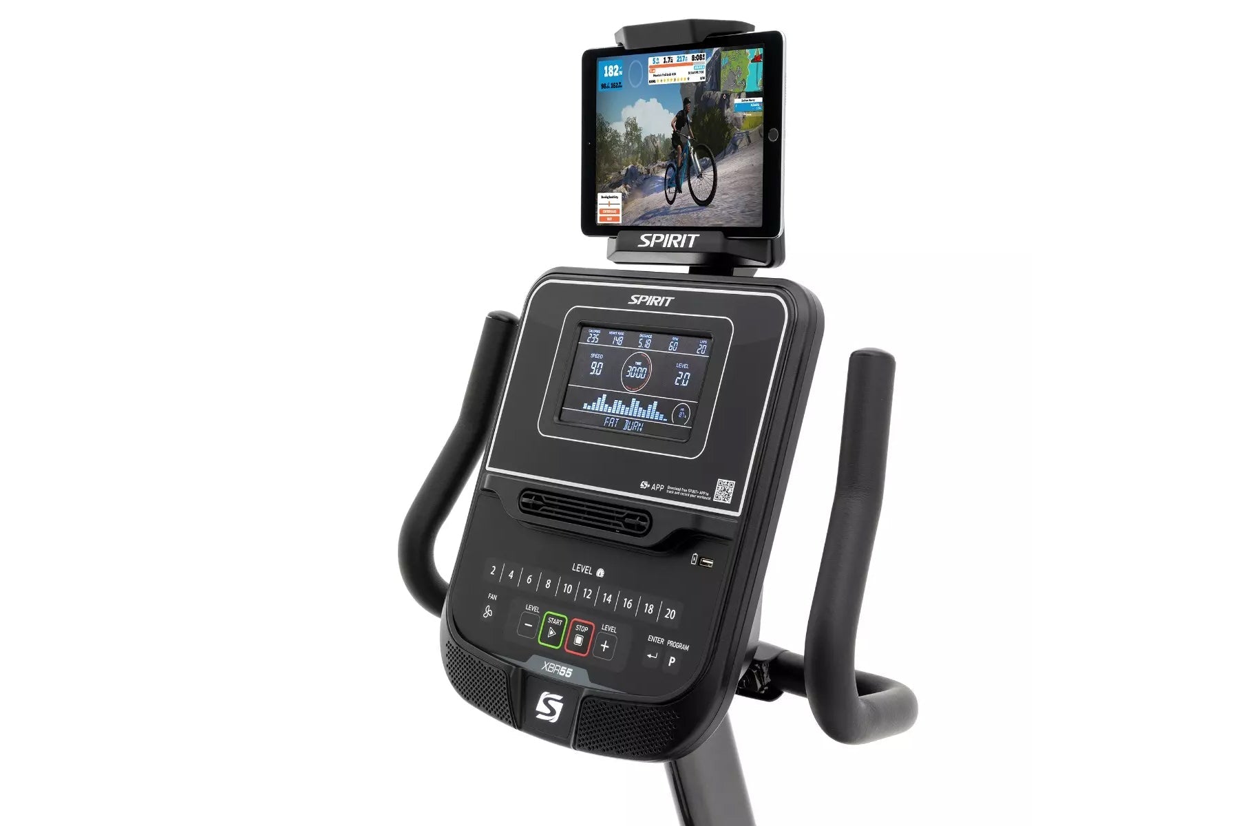 Black Spirit XBR55 recumbent exercise bike with digital display console showing workout metrics and tablet holder mounted on 