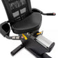Black recumbent exercise bike with mesh backrest, padded seat, yellow and gray handlebar controls, and digital display consol