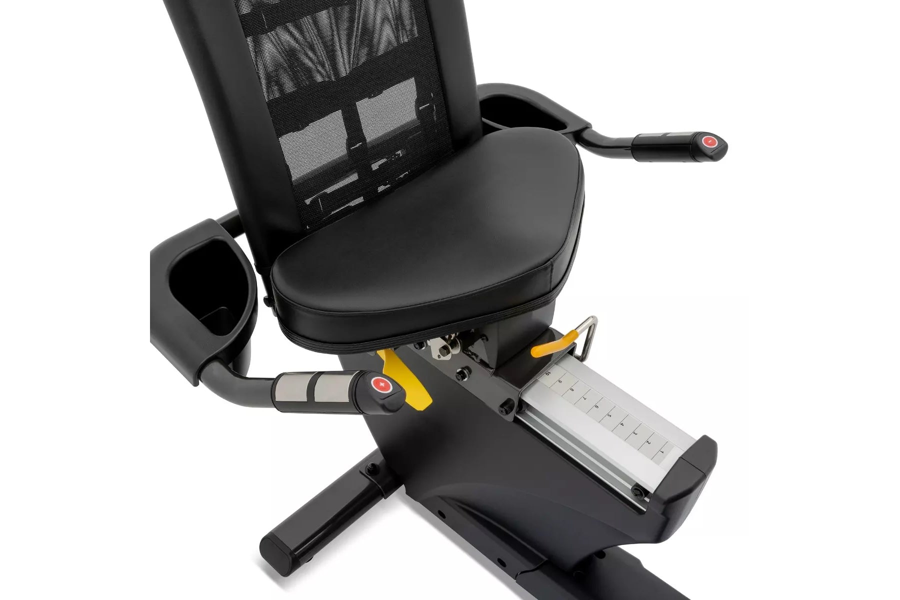 Black recumbent exercise bike with mesh backrest, padded seat, yellow and gray handlebar controls, and digital display consol