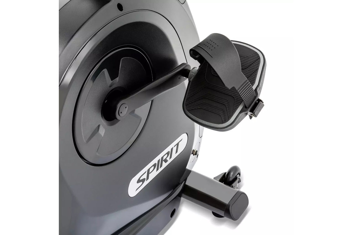Spirit XBR55 recumbent bike with gray frame, black footrest, and adjustable seat, shown on white background