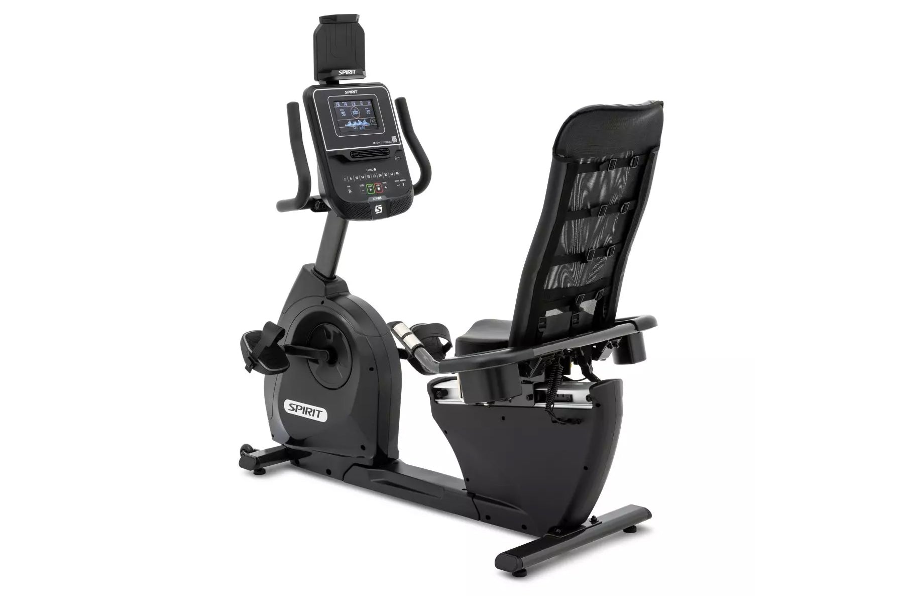 Spirit XBR95 black recumbent exercise bike with digital console, padded seat, and footrest on white background