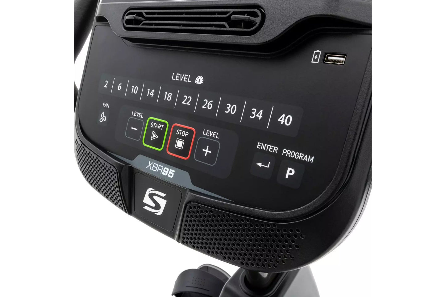 Black XBR95 recumbent exercise bike console showing digital display with fan speed levels 2-40, start button with green highl