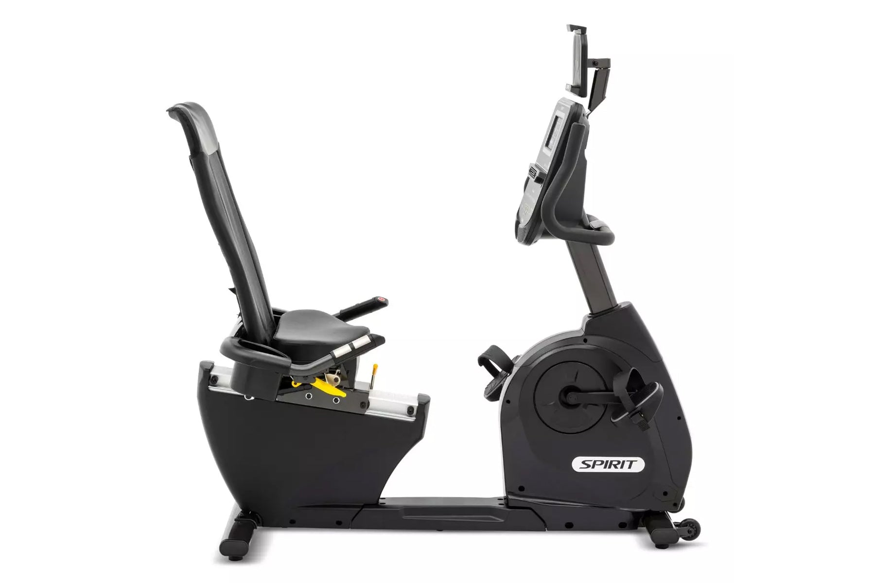 Black Spirit recumbent exercise bike with padded seat, backrest, handlebars, and device holder, on white background