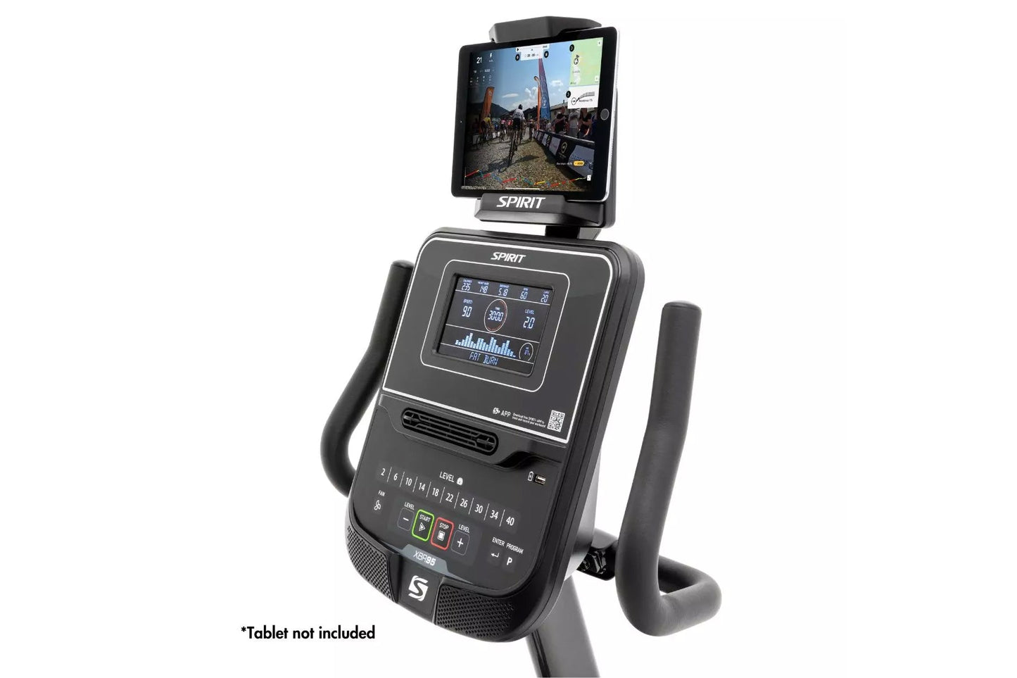 Spirit XBR95 recumbent exercise bike with black frame, digital console displaying workout metrics, and tablet holder mounted 