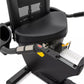 Black recumbent exercise bike with mesh backrest, padded seat, handlebar with red button, and yellow foot pedals on white bac