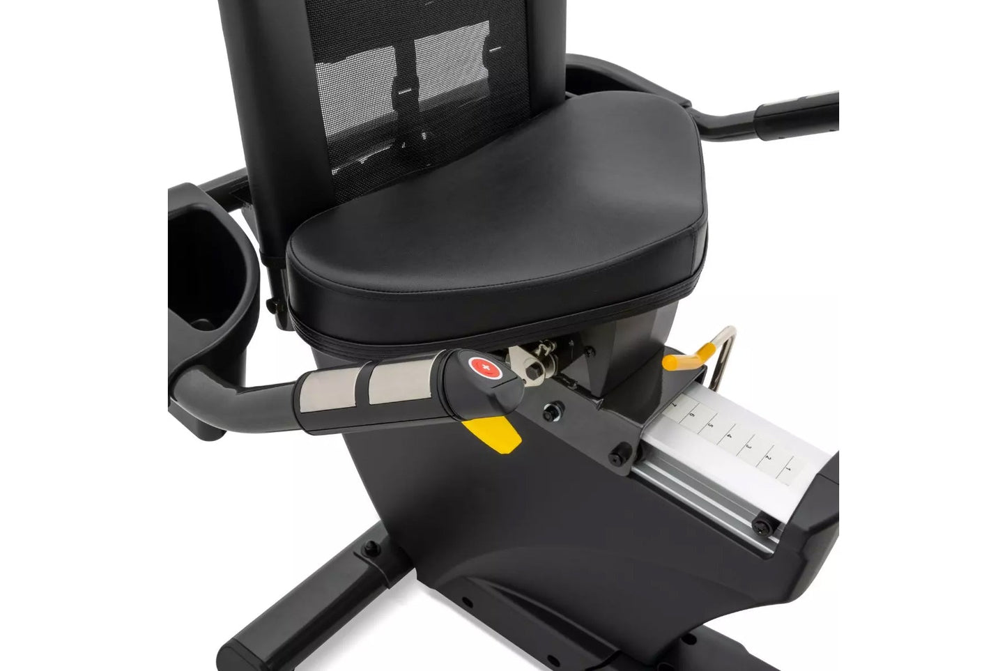 Black recumbent exercise bike with mesh backrest, padded seat, handlebar with red button, and yellow foot pedals on white bac
