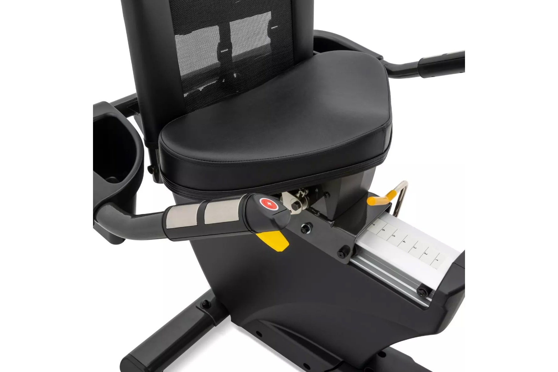 Black recumbent exercise bike with mesh backrest, padded seat, handlebar with red button, and yellow foot pedals on white bac