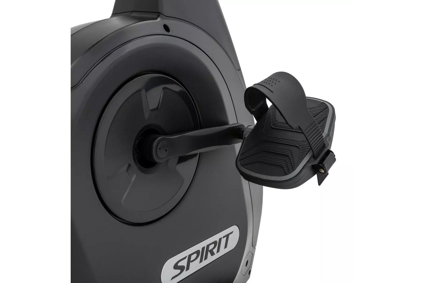 Spirit XBR95 recumbent exercise bike with black frame, large wheel, and adjustable foot pedal on white background