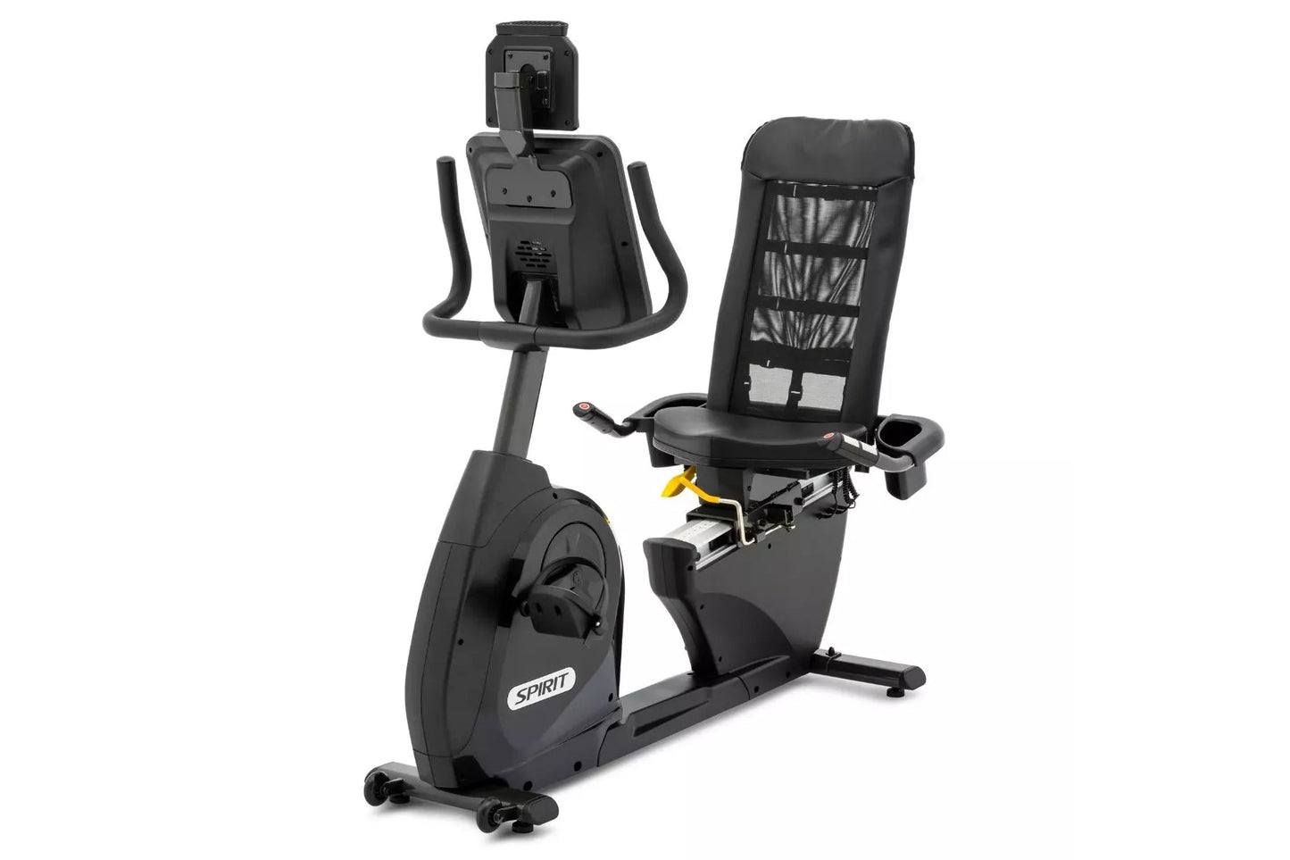 Spirit XBR95 black recumbent exercise bike with padded seat, mesh backrest, and tablet holder on white background