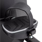 Black exercise bike pedal with ribbed platform and adjustable foot strap on white background
