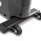 Close-up view of Spirit upright exercise bike base showing black frame with chrome accents, dual black wheels, and gold conne