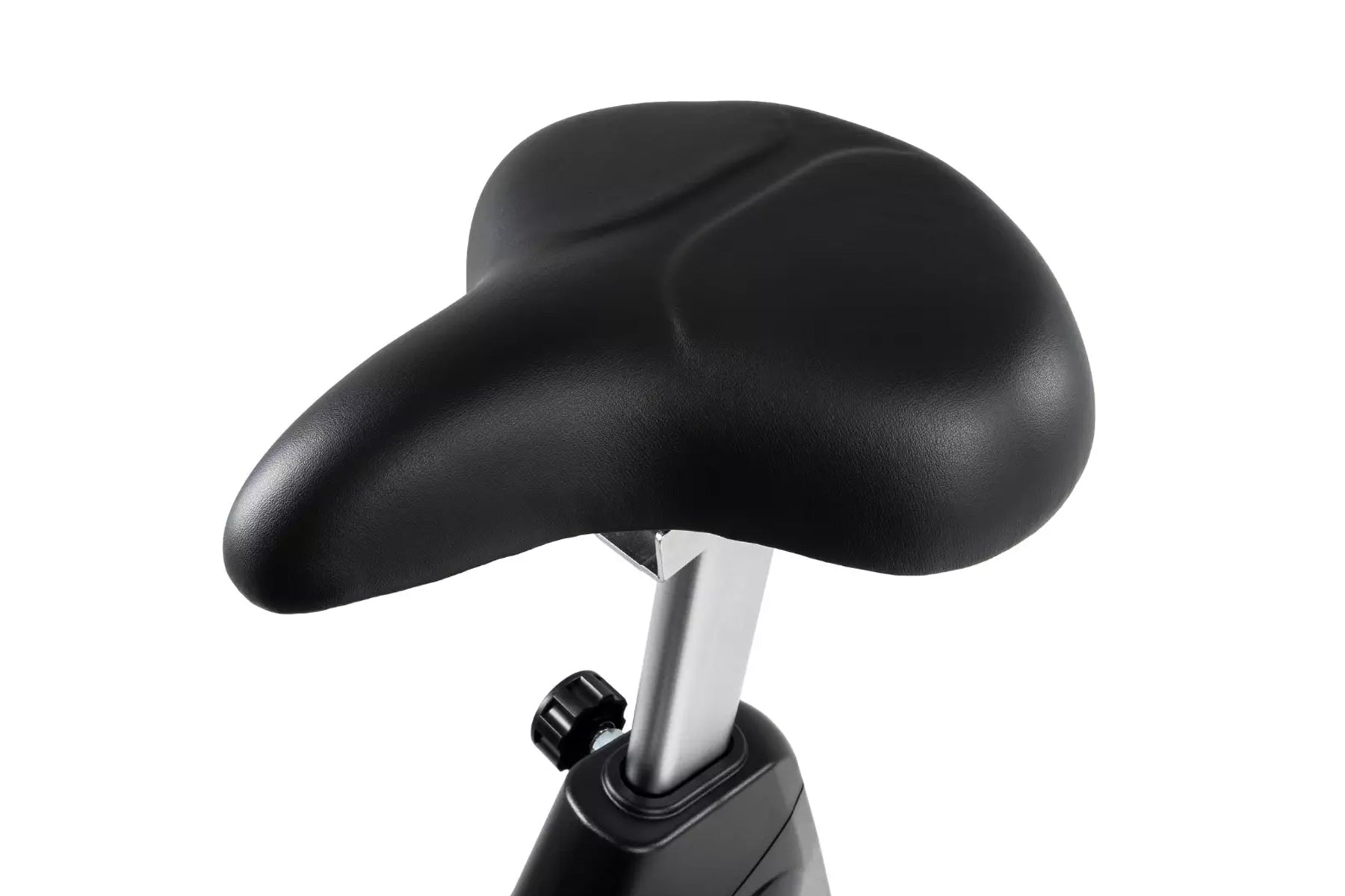 Black padded bicycle saddle with silver metal post and black adjustment knob on white background