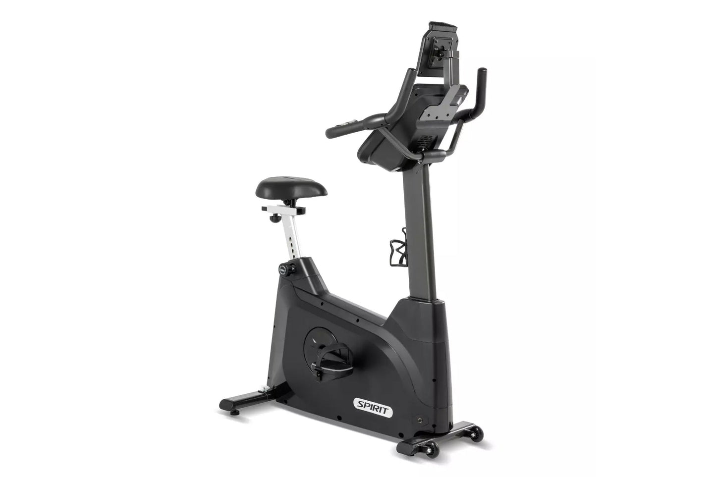 Spirit XBU55 upright stationary exercise bike with black frame, black padded seat, handlebar console display, and foot pedals