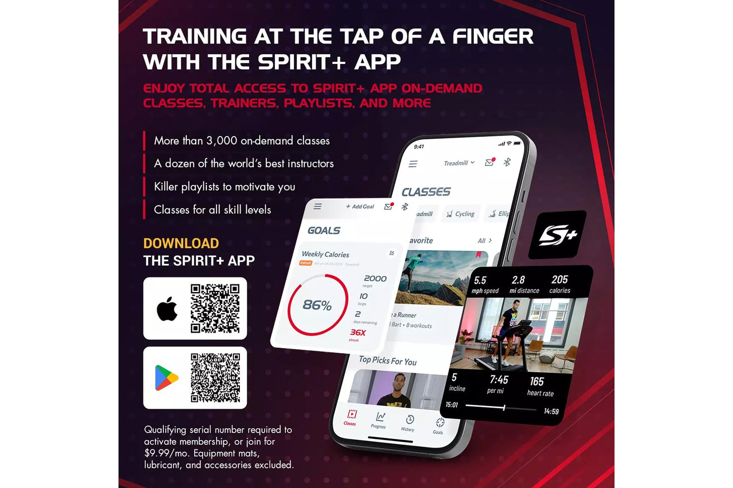 Spirit+ app promotional graphic showing smartphone screens displaying fitness classes, goals tracking, and workout metrics on