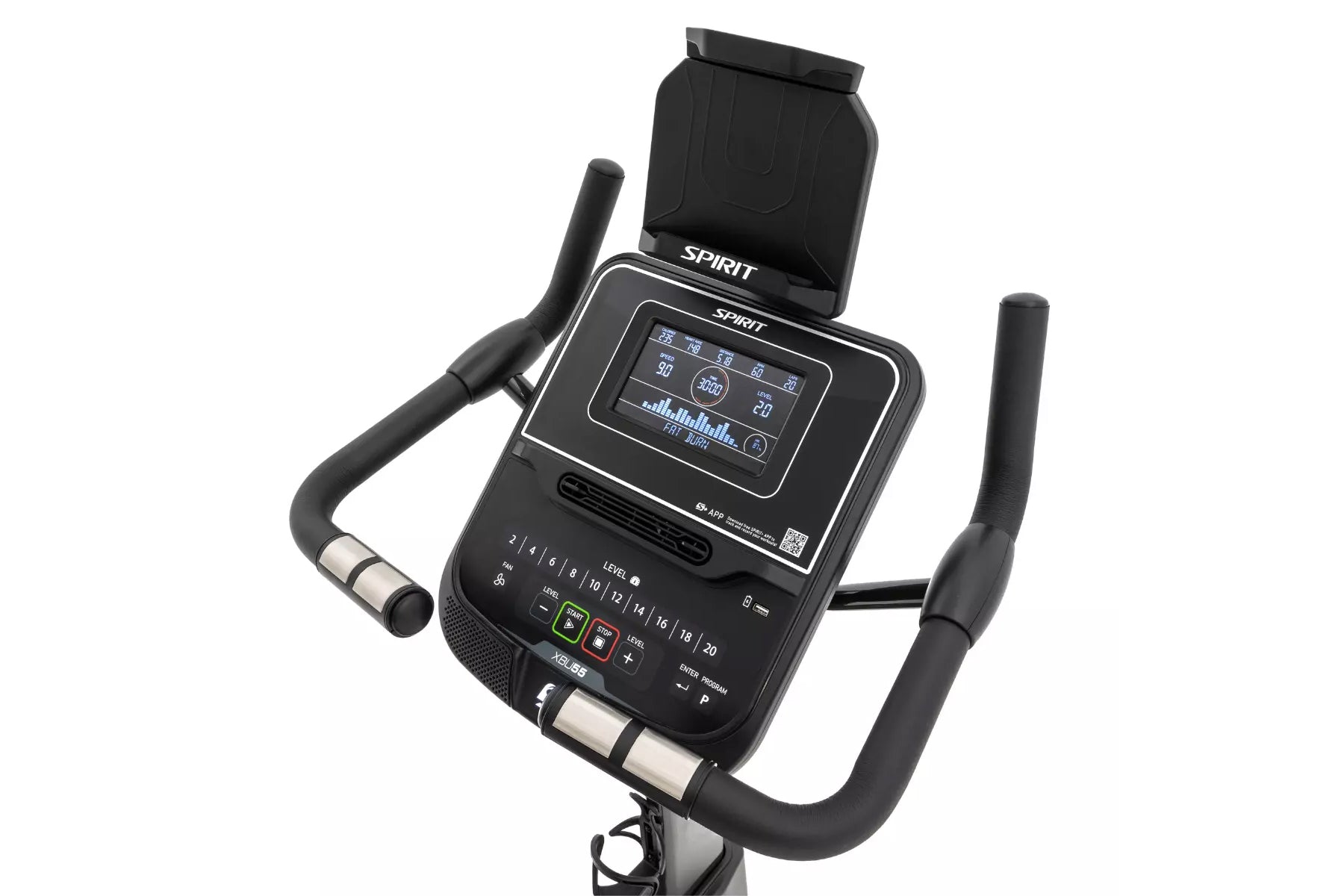 Spirit XBU55 upright exercise bike with black frame, digital display screen, padded seat, and curved handlebars on white back