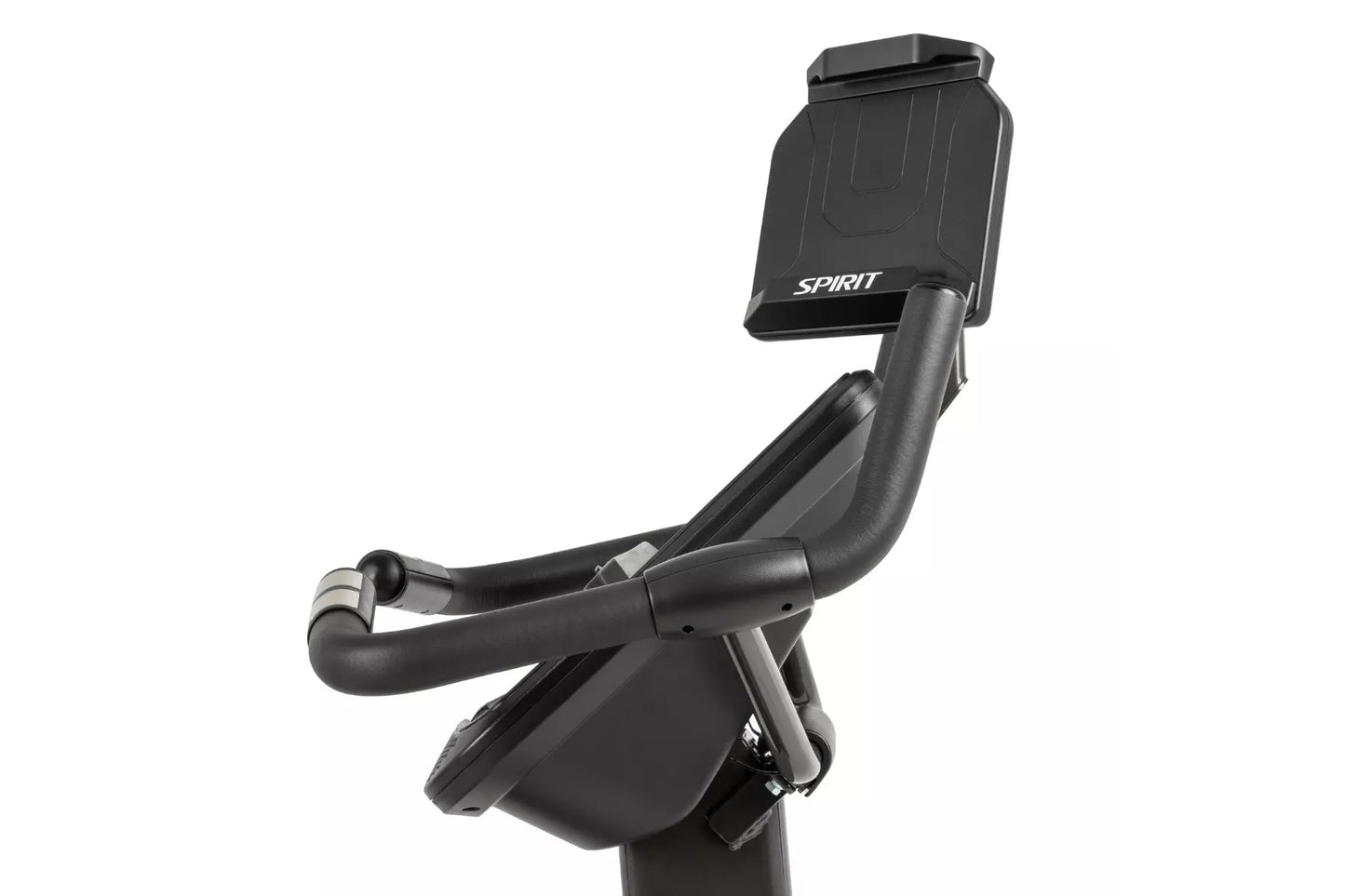 Spirit XBU55 upright exercise bike with black frame, padded seat, curved handlebars, and tablet holder on white background