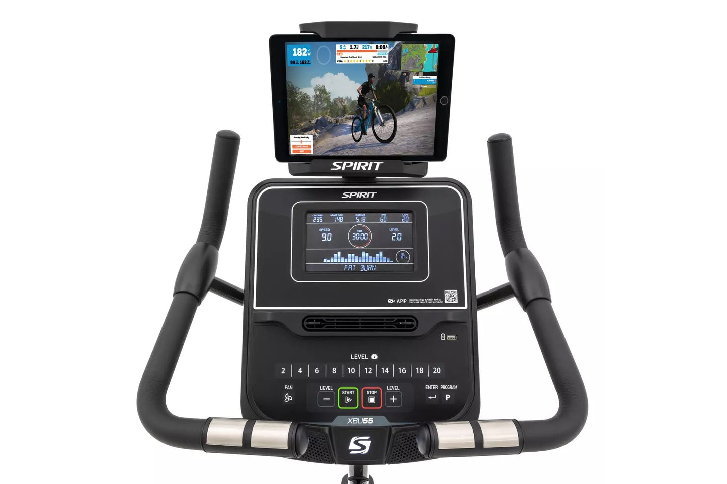 Spirit XBU55 upright exercise bike with black frame, digital display showing workout metrics, tablet mount, and dual handleba