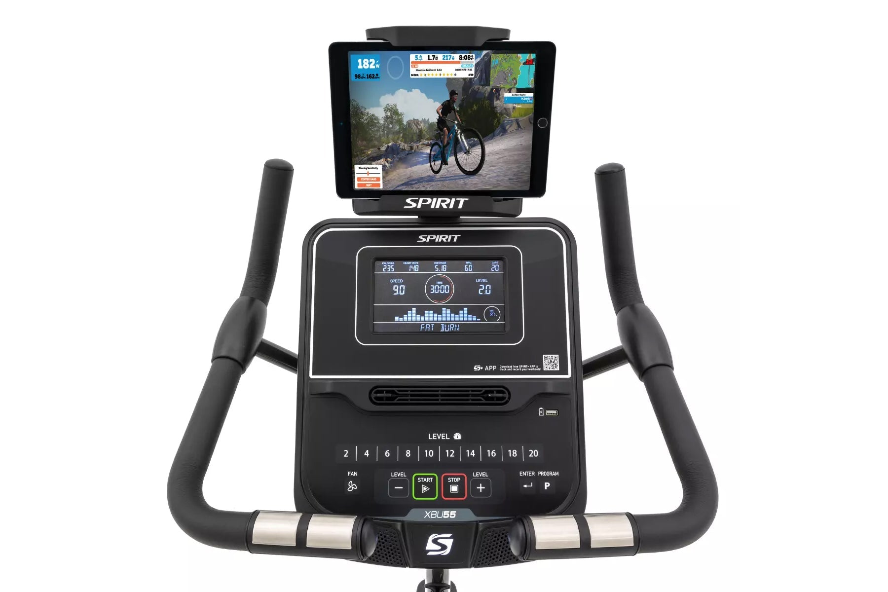 Spirit XBU55 upright exercise bike with black frame, digital display showing workout metrics, tablet mount, and dual handleba