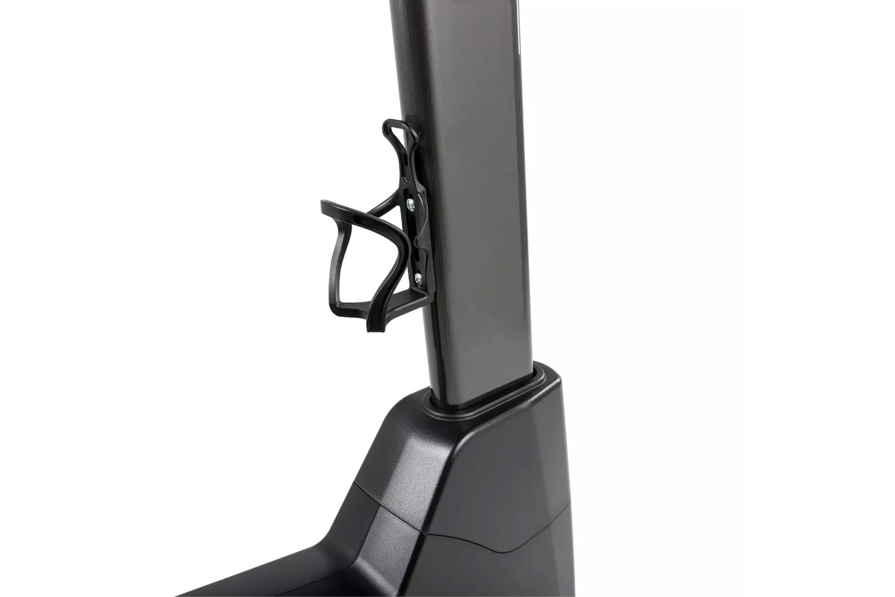 Black upright stationary exercise bike with gray seat and handlebars, shown on white background