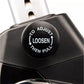 Black adjustment knob on upright exercise bike with white text reading "To Adjust Loosen Then Pull
