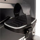 Black and gray upright exercise bike pedal with textured footplate and gray adjustable strap, displayed on white background