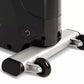 Black and silver stationary upright exercise bike with dual black wheels and metal frame, shown on white background