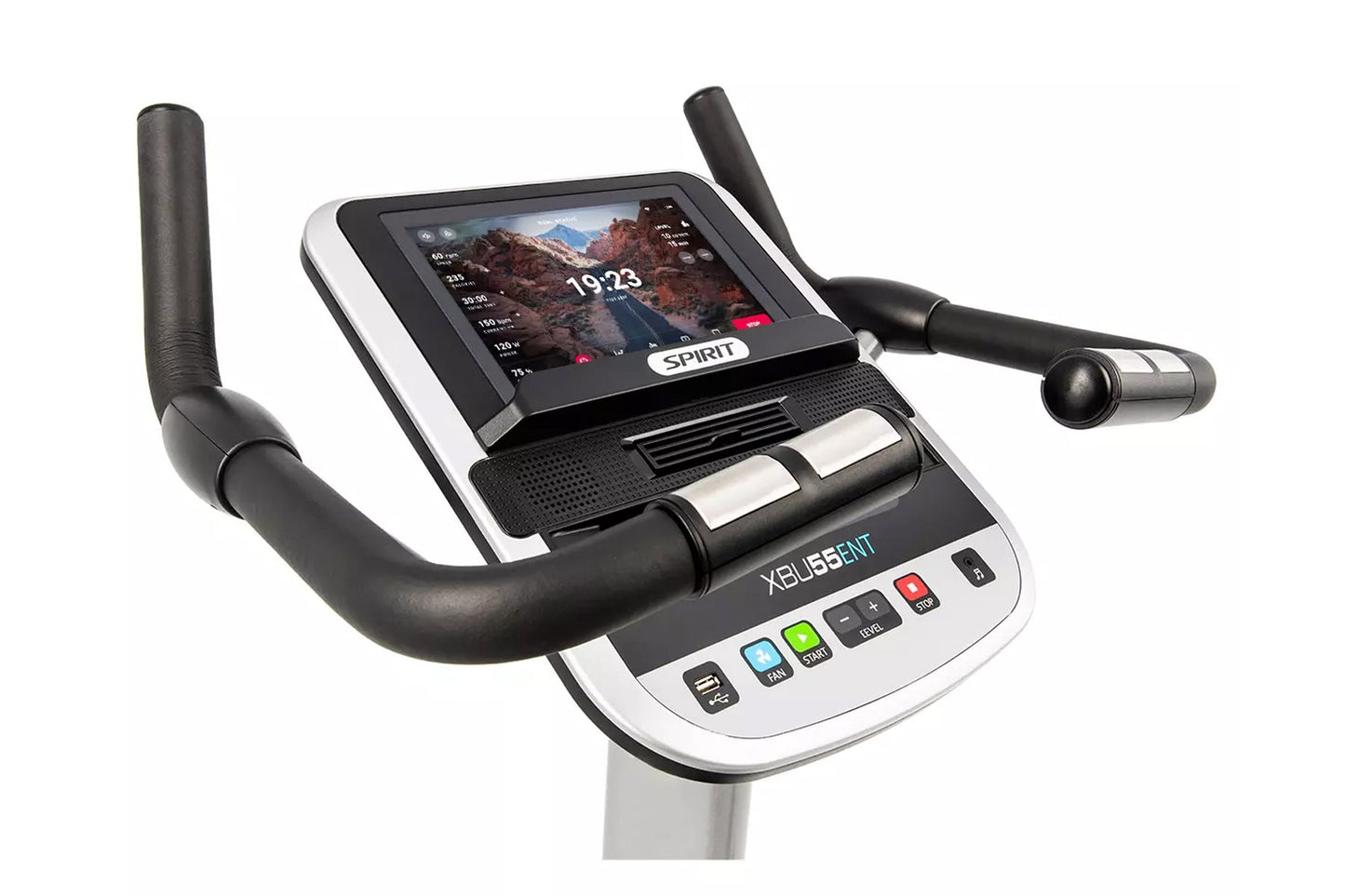 Spirit XBU55ENT upright exercise bike with black handlebars, white and black base, display console showing workout metrics, o