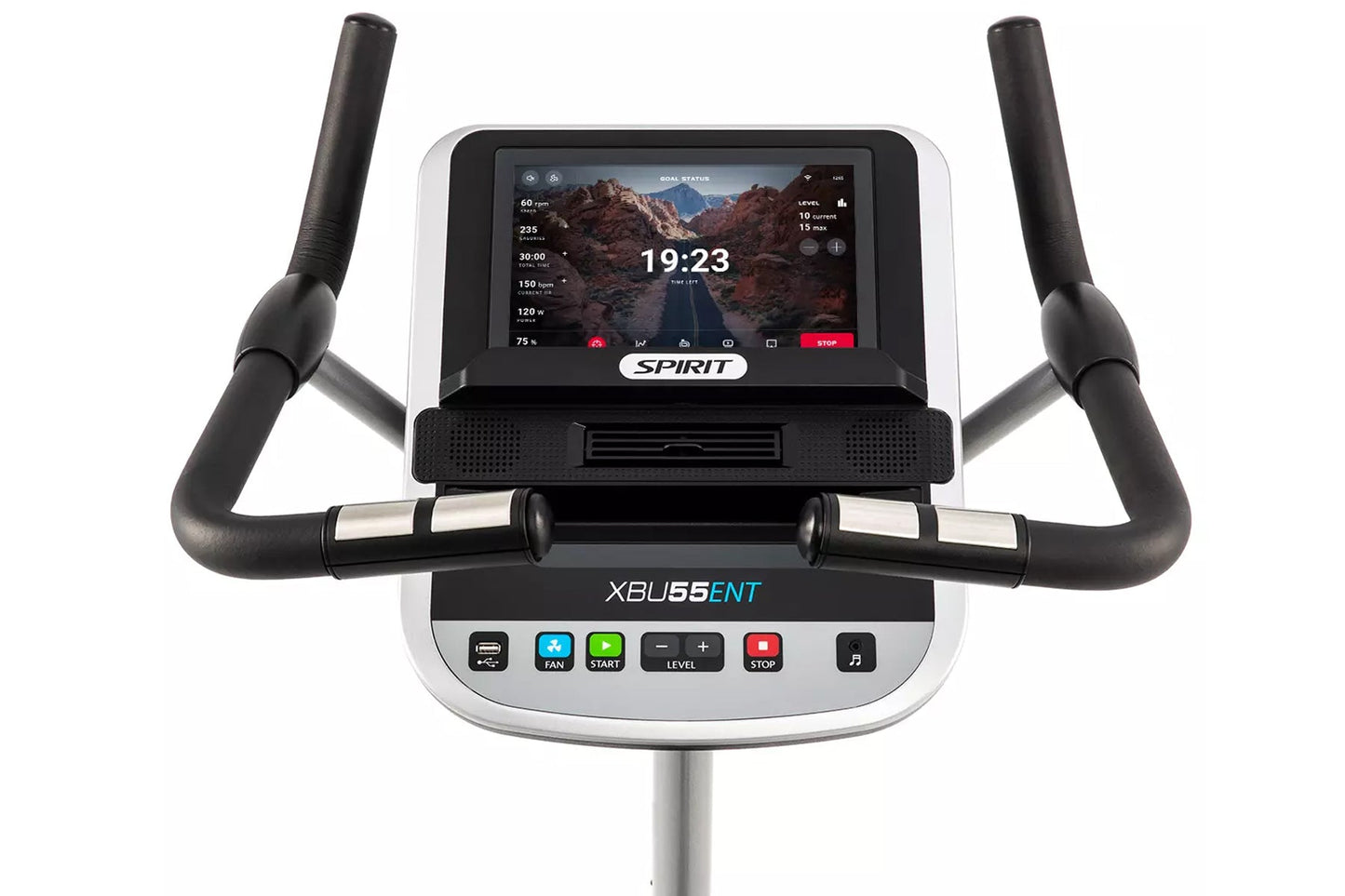 Spirit XBU55ENT upright exercise bike with black handles, white and gray frame, digital display screen showing workout metric
