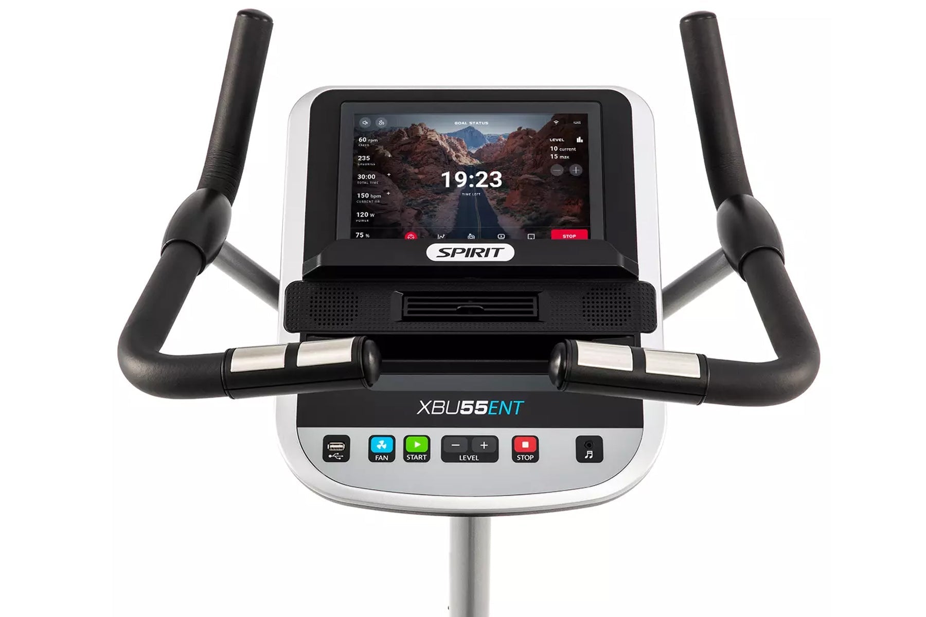 Spirit XBU55ENT upright exercise bike with black handles, white and gray frame, digital display screen showing workout metric