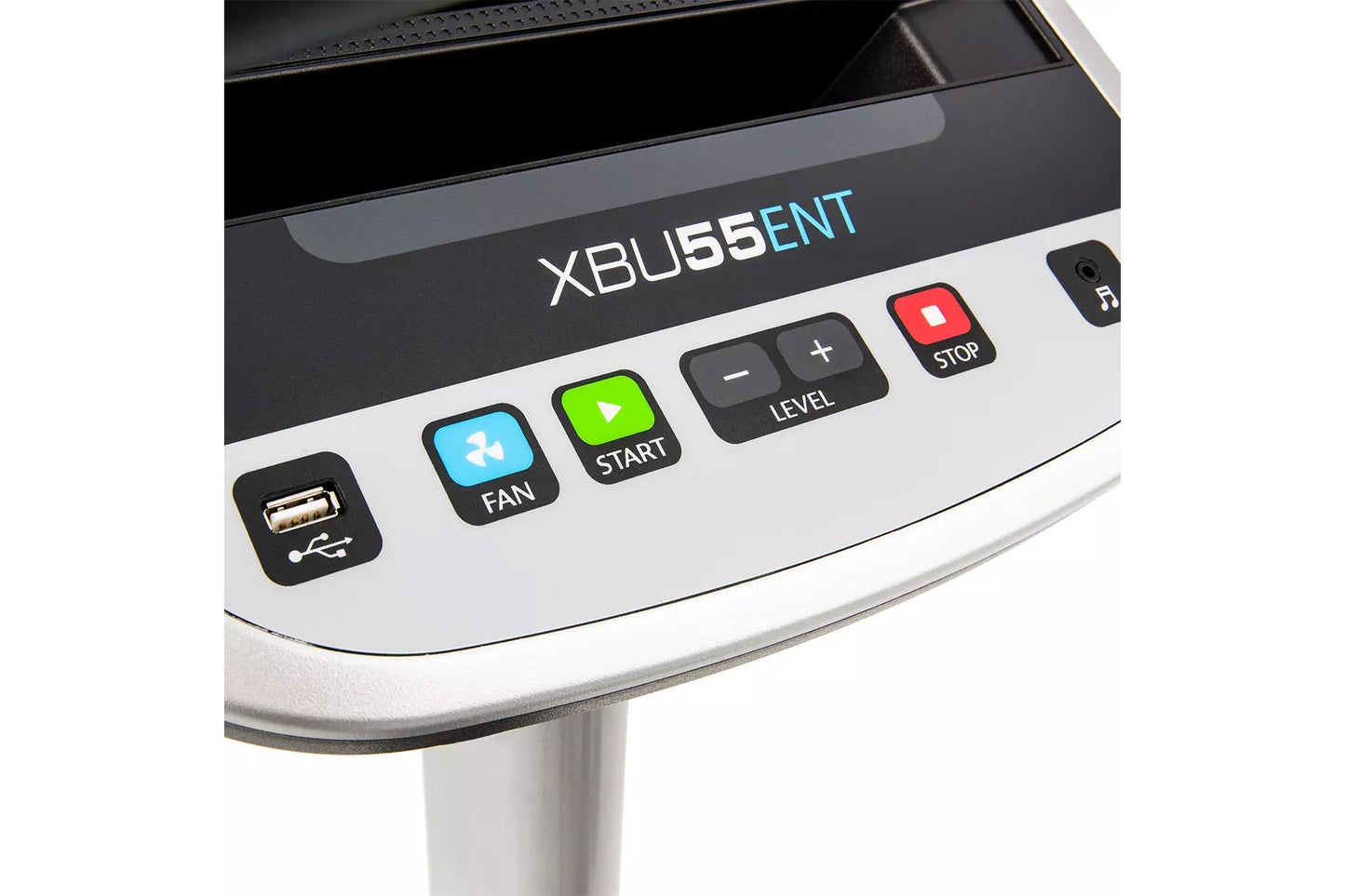 XBU55ENT upright exercise bike control panel with USB port, fan, start, level, and stop buttons on white and black base