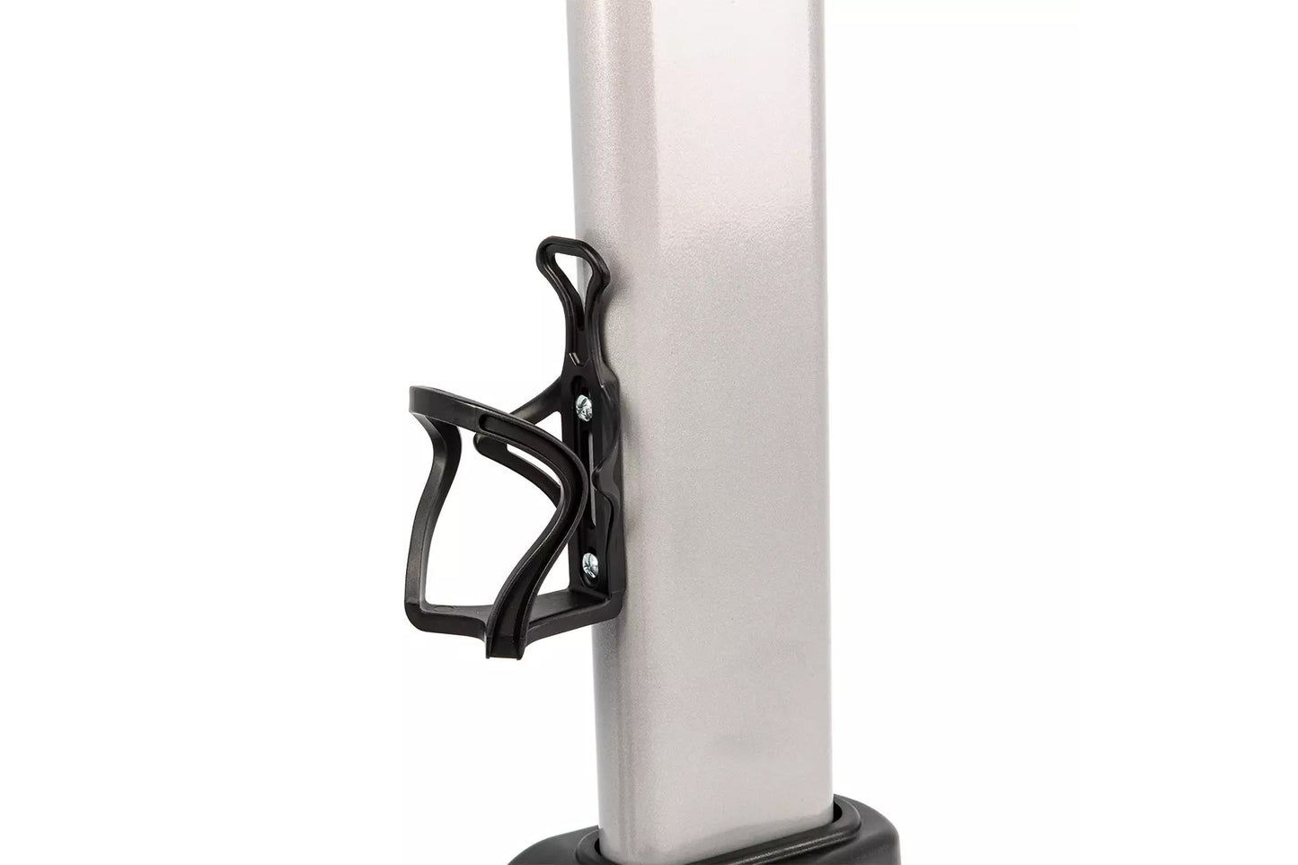Black water bottle cage mounted on white cylindrical pole with base, front view