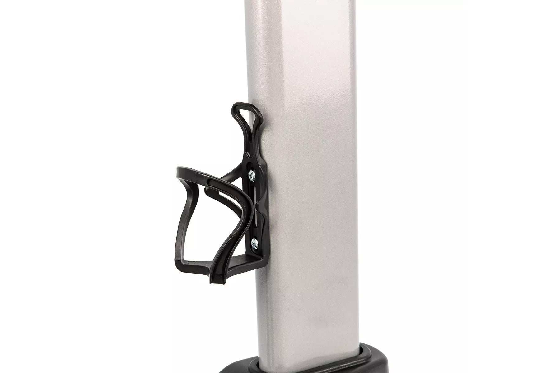 Black water bottle cage mounted on white cylindrical pole with base, front view