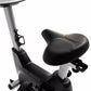 Upright exercise bike with gray frame, black seat, and pedals on white background