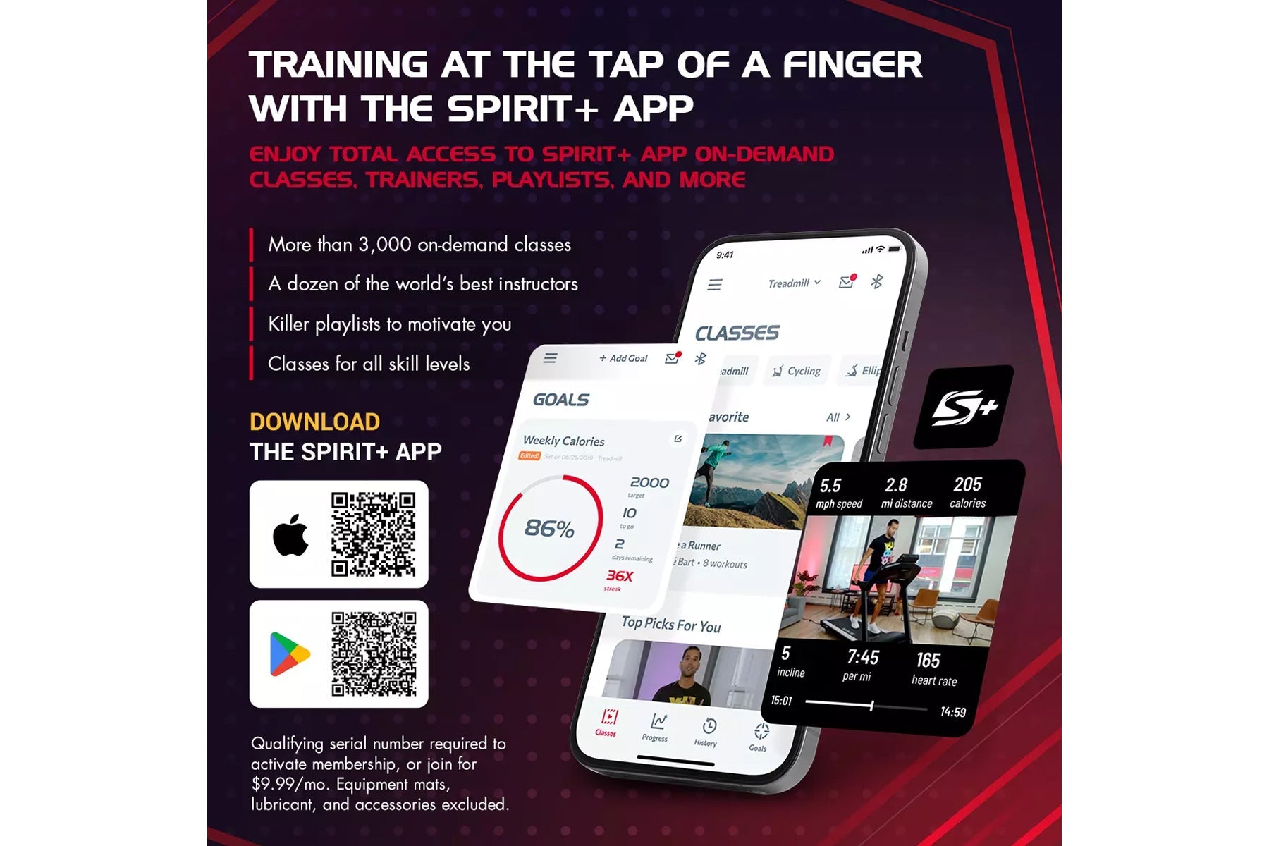 Spirit+ app promotional graphic showing fitness tracking features on smartphone screens displaying classes, goals, and workou