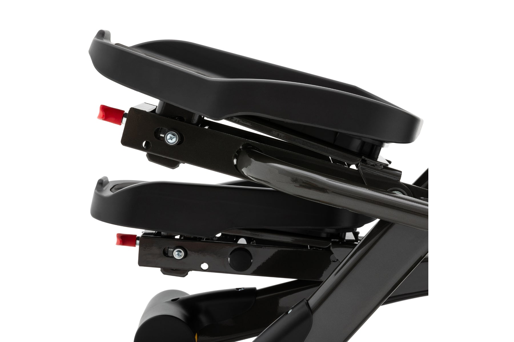 Black elliptical machine footpedals and frame with red adjustment levers, shown on white background