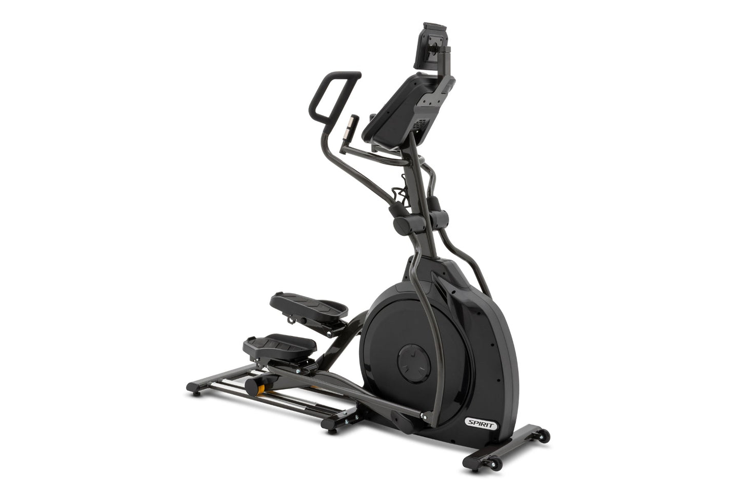 Black Spirit XE295 elliptical machine with foot pedals, adjustable handlebars, and tablet holder, on white background