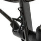 Black plastic water bottle holder mounted on gray elliptical machine frame, detail view