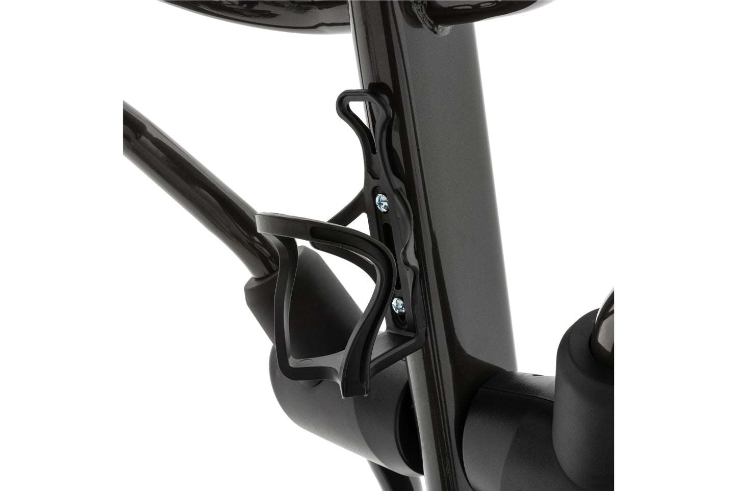 Black plastic water bottle holder mounted on gray elliptical machine frame, detail view