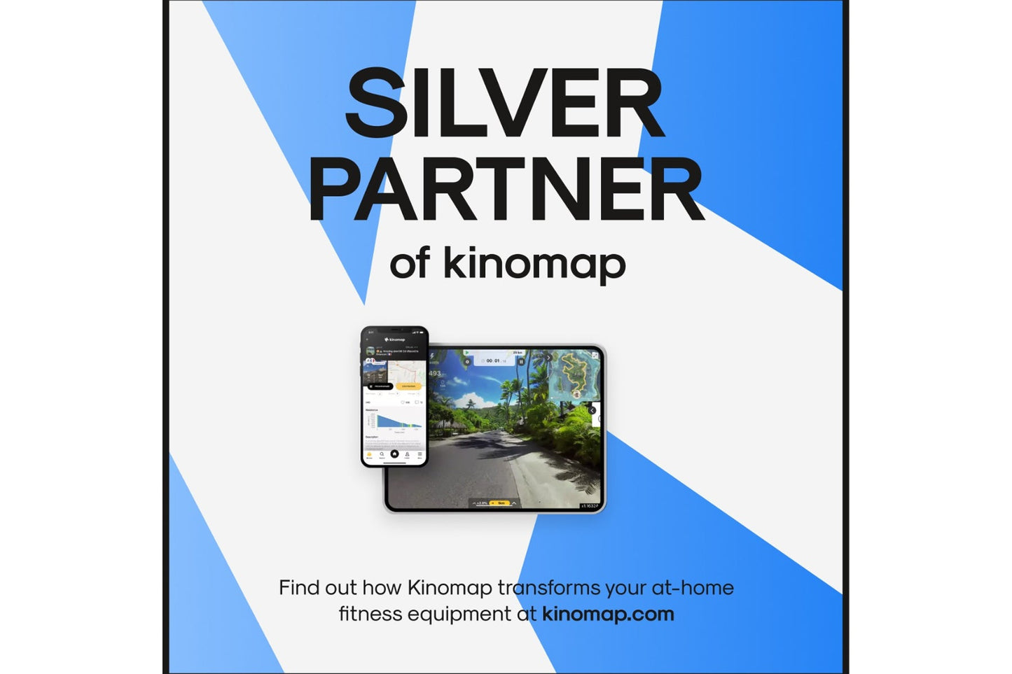 Kinomap Silver Partner badge with app screenshot on phone and tablet