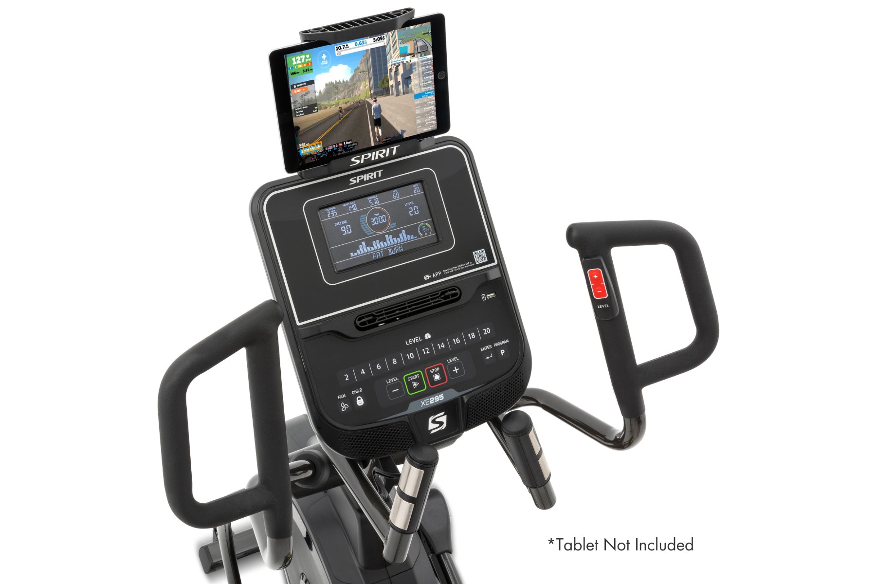 Spirit XE295 black elliptical machine with tablet holder displaying cycling game, featuring digital console with metrics disp