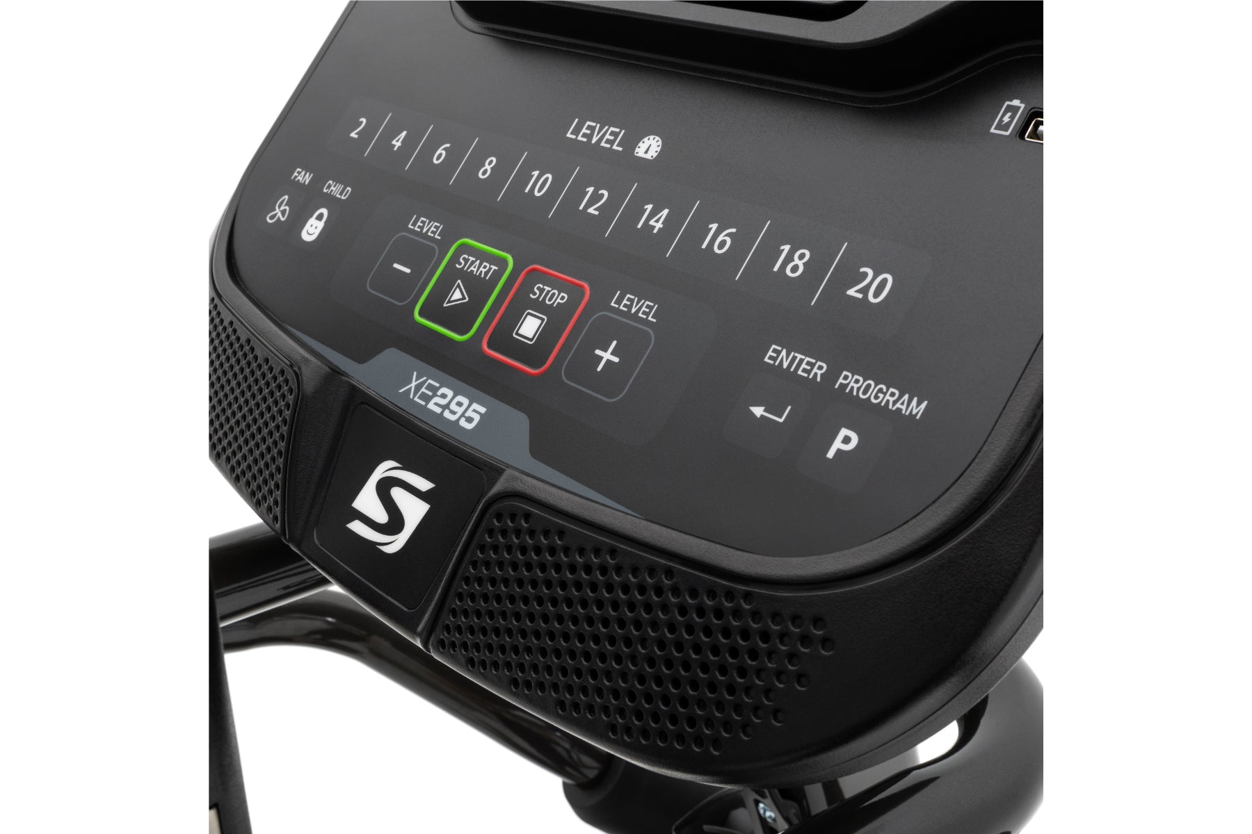 Spirit XE295 elliptical console displaying level settings, start and stop buttons with green and red highlights, on white bac