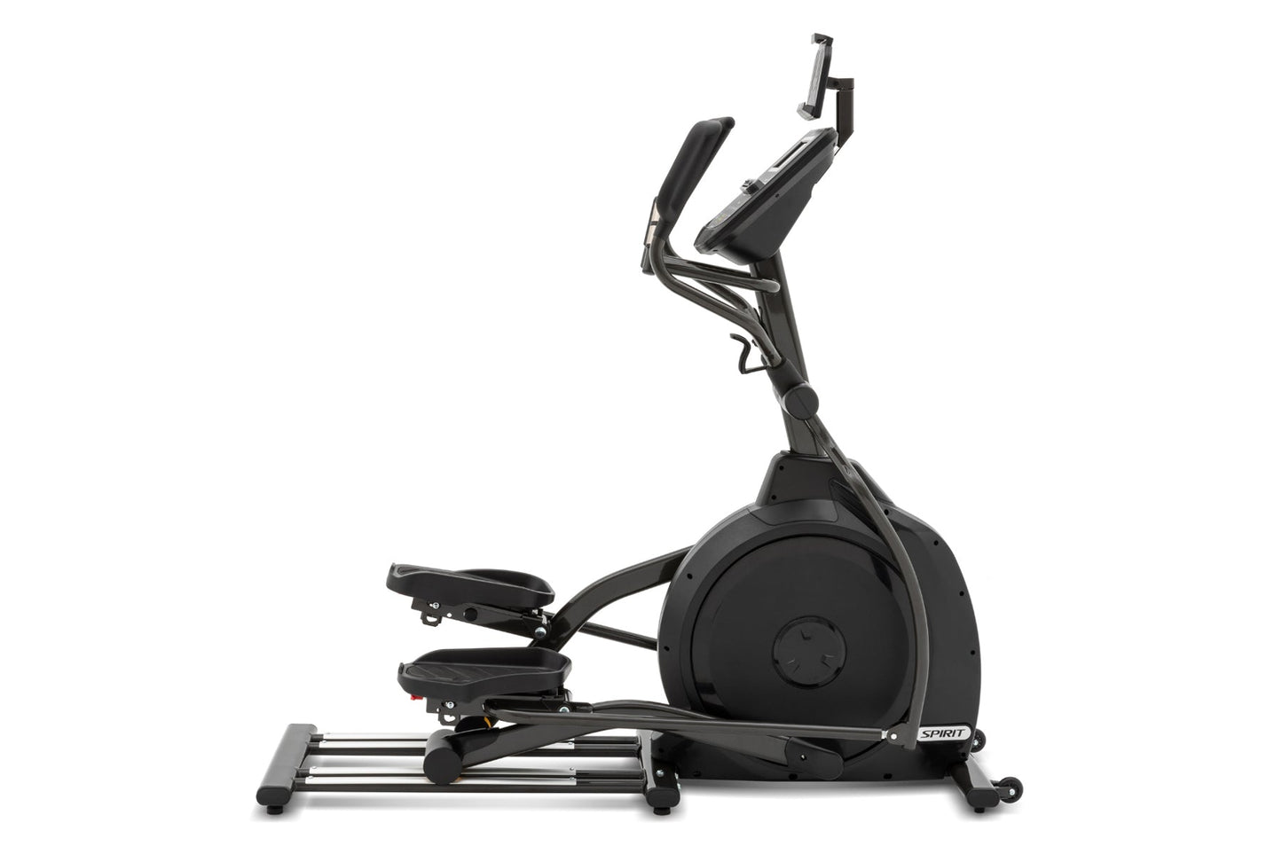 Black Spirit XE295 elliptical machine with pedals, handles, and adjustable seat on white background