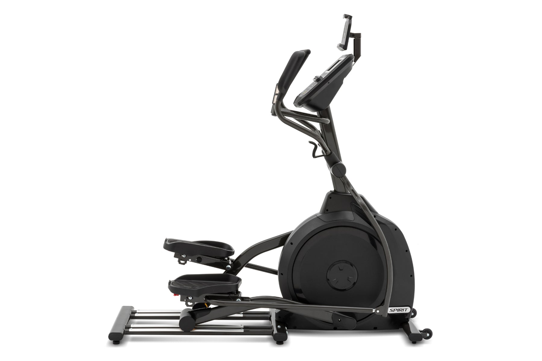 Black Spirit XE295 elliptical machine with pedals, handles, and adjustable seat on white background