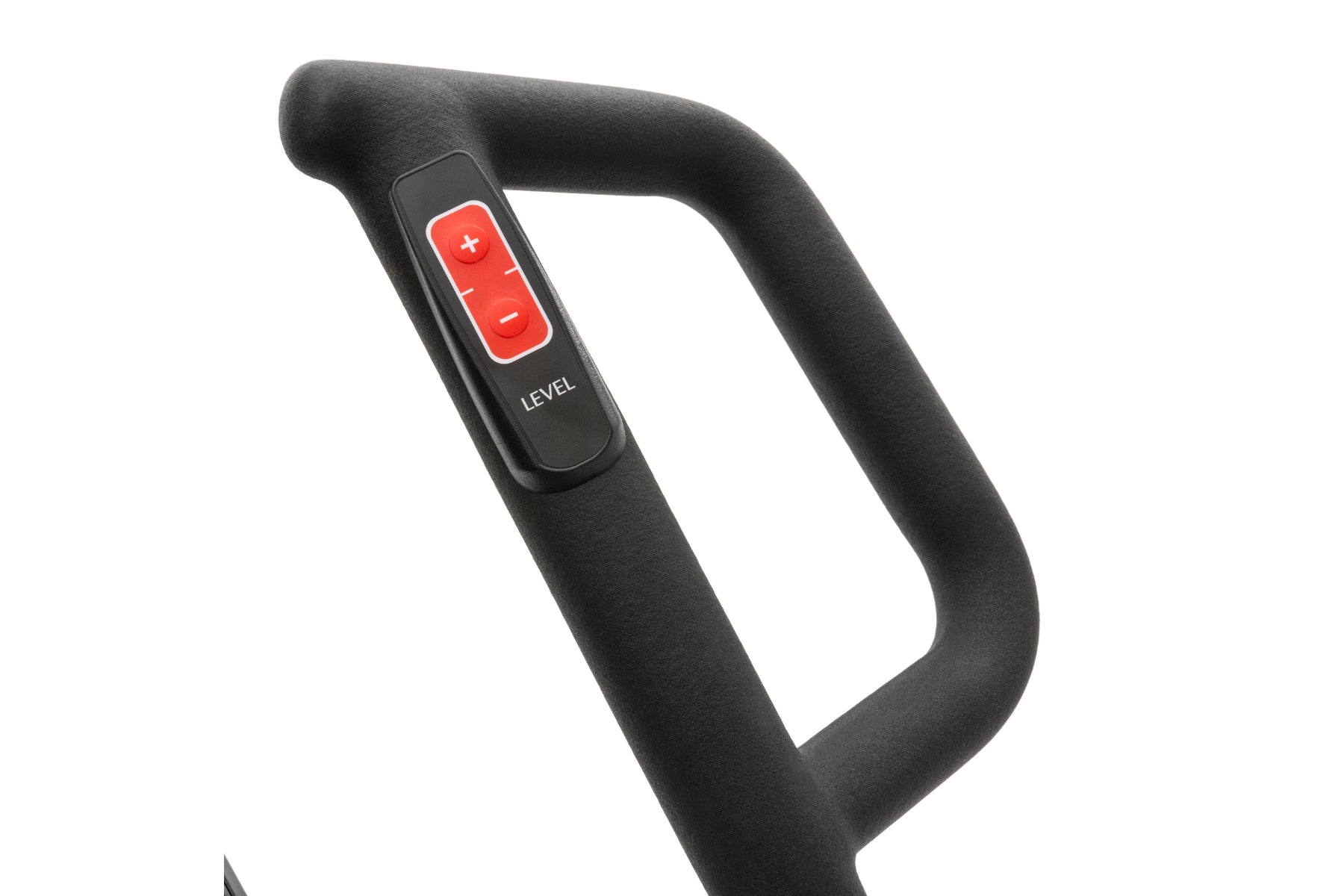 Black foam handlebar with red and black level control button panel on white background