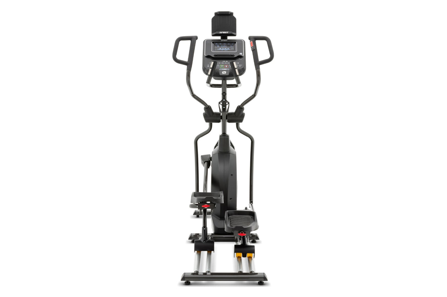Black Spirit elliptical machine with digital console, padded handles, and foot pedals on white background