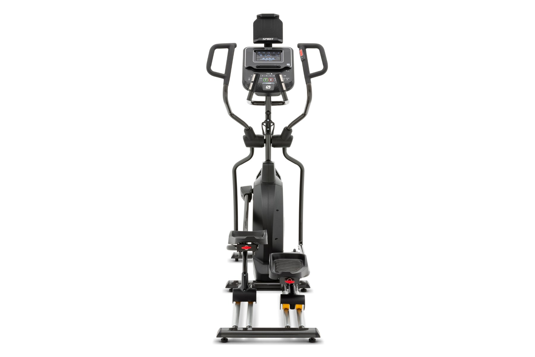 Black Spirit elliptical machine with digital console, padded handles, and foot pedals on white background