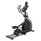 Black Spirit XE295 elliptical machine with digital console, curved handlebars, and footpedals on white background