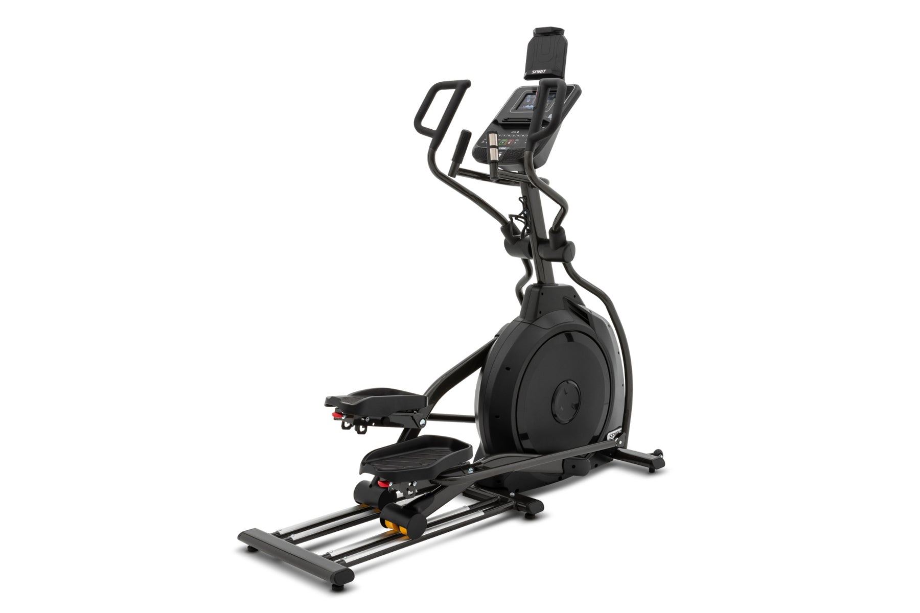 Black Spirit XE295 elliptical machine with digital console, curved handlebars, and footpedals on white background